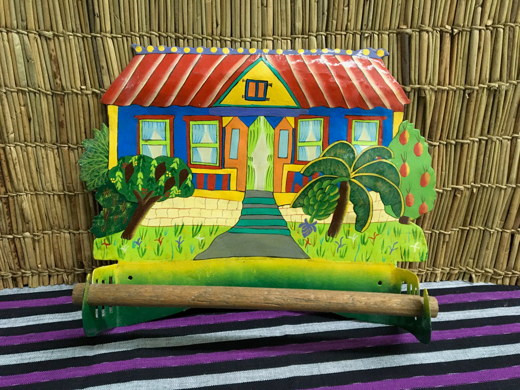 Fair Trade Haitian Oil Drum Folk Art House Paper Towel Holder