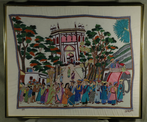 Fair Trade Framed Nakshi Kantha Street Scene with Mosque