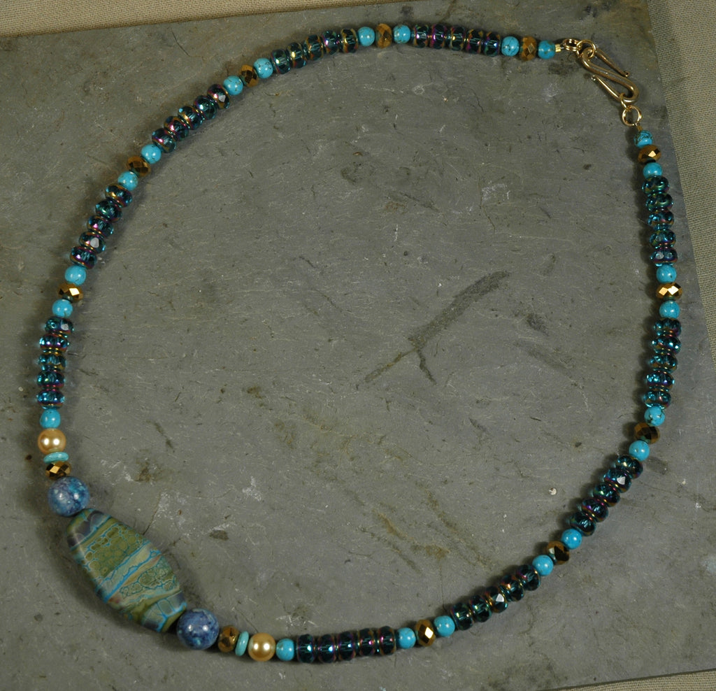 Turquoise, Fused Glass Bead & Crystal Necklace