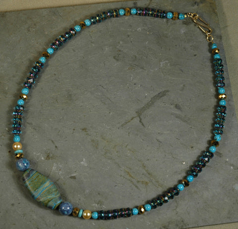 Turquoise, Fused Glass Bead & Crystal Necklace